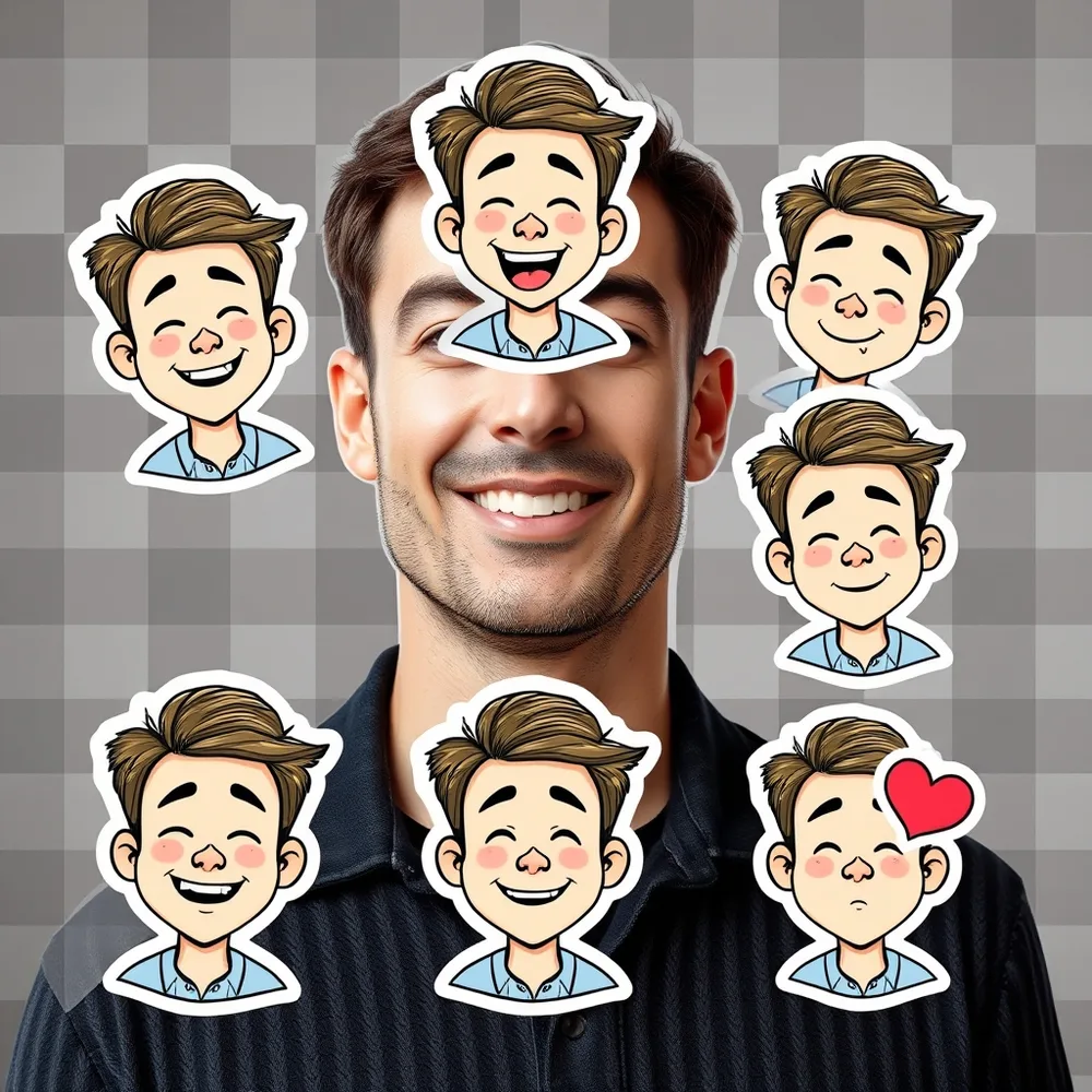 Exemple illustrant la commande /mascotsticker : Planche de stickers de la personne